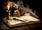 old books, scrolls, ink pen and inkwell on wooden table on brown background