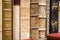 Old books stack. Old leather covered books