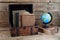 Old books in vintage chest closeup on wooden table