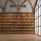 Old bookshelves in the library with arched window and ceiling lamp.Classic style.