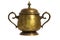 An old brass or bronze metal sugar bowl with a lid and ornament