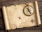 Old brass nautical compass on table with treasure map 3d illustration