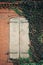 Old brick building with boarded up window and ivy vines growing up wall