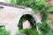 Old brick chapped wall with big arch and greenery