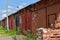 Old brick garages with metal gates. Garage cooperative for car storage