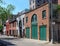 Old brick stables in Hunts Lane in Brooklyn Heights, NYC. These buildings are now garages or residential houses