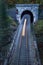 Old brick tunnel in the mountains and incoming train