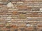 Old brick wall with embedded stones of different sizes and fragments of terracotta roof tiles in the texture