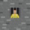 Old brick wall facade and small window, prison. Cartoon male prisoner holds hands behind bars