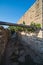 Old Brick wall garden exterior. Old stone backyard