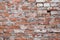 Old brick wrecked wall biege grunge surface weathered concrete cement with holes, erosion and destruction. Texture, background