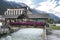 The old bridge with flowers in Chamonix, France. Perfect moment in alpine highlands. Summer time near the Mont-Blanc massif