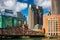 An old bridge over Fort Point Channel and buildings in Boston, M