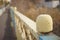 Old bridge with yellow blue fencing and empty sidewalk