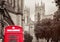 Old british red phone booth with the York Cathedral