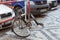 Old broken Bicycle on cobblestone street of old Prague