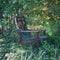 Old broken chair stands alone in a thicket of green forest