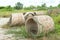 Old broken concrete cement pipe in grass,