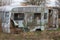 Old broken and decaying caravan left to rot in grass field