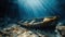 Old broken fishing boat under water, wooden abandoned boat