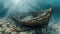 Old broken fishing boat under water, wooden abandoned boat