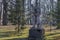 Old broken monument in forest, parting of father bulgarian hero partisan with childrens