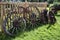 Old and broken wagon wheels against a fence