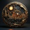 Old bronze coin with Ancient gothic clock with famous landmarks of the world in Britain. Famous London landmarks on a round golden