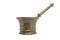 Old bronze mortar and pestle isolated on white background. Pestle in a mortar, plaque on the metal side of old age