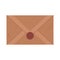 Old brown parchment paper envelope with a red wax seal with an embossed seal. Image of a postal letter in a retro or