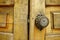 Old brown shabby wooden door with an iron round handle