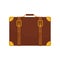 Old brown traveler suitcase. Vintage leather bag with small handle, belts and golden corners. Flat vector design