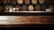Old brown wood table on blurred wine cellar background, empty vintage desk in restaurant, bar or cafe. Wooden barrels in storage