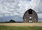 Old brown wooden barn sitting in a field of golden wheat.