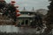 Old Buddhist temple on river with trees in front