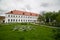 Old building with garden and green alley at the Dubno Castle in Ukraine, Rivne region