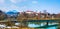 Old buildings of Fussen city. St. Mang Basilica, High Castle. Fussen, Germany. Panorama