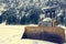 Old bulldozer parked on snowy meadow covered with snow.