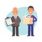 Old businessman hires young businessman. Vector characters
