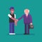 Old businessman shakes hands with an afro american guy. Flat people
