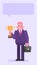 Old businessman three quarters face holding suitcase and golden cup