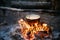 Old Camp Saucepan Boiled Water For Soup Preparation On A Fire In Forest