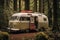 Old Camper Parked in the Woods, a Rustic Retreat Surrounded by Nature, A vintage camper vehicle turned into a compact travel home