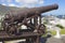 Old cannon at the entrance to the Fort Adelaide overlooking the city in Port Louis, Mauritius.