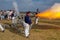 Old cannon firing, artillery soldiers