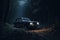 old car found in a mysterious forest at night, which can evoke a sense of intrigue, suspense, or danger. Generative AI