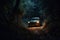 old car found in a mysterious forest at night, which can evoke a sense of intrigue, suspense, or danger. Generative AI