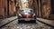 An old car is parked on a cobblestone street. Generative AI image.