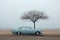 an old car parked next to a tree in the desert