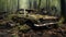 an old car sitting in a forest surrounded by green moss